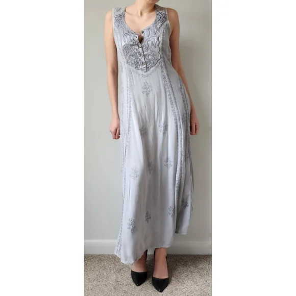 Vintage | Dresses | Vintage 9s Magic India Dress Maxi Ice Blue Embroidered  | Poshmark